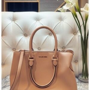 Michael Kors Savannah Saffiano Leather Satchel in Tan